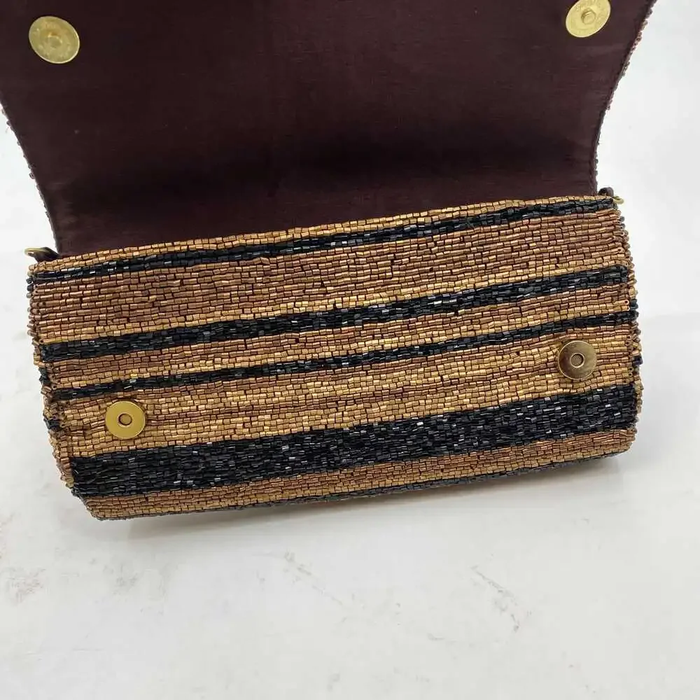 Moyna Brown Silk Beaded Striped Clutch | OS Regular